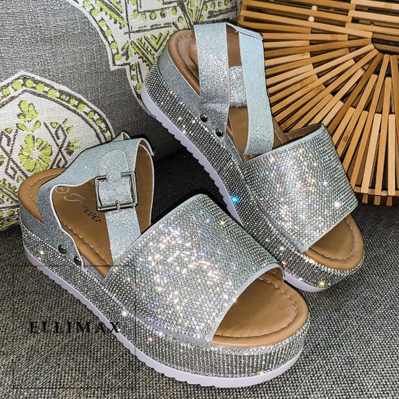 NEW Diamante Rhinestone Glitter Ankle Strap Platform Wedge Heel Sandals Open Toe - Picture 3 of 10